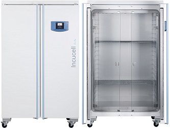 INCUCELL 707 ECO. Vnitřní dvouplášťová komora a vnitřní panel dveří z nerez oceli (AISI 304), vnitřní skleněné dveře, manuálně ovládaná větrací klapka, systém otevírání vnějších dveří pomocí svislého madla.