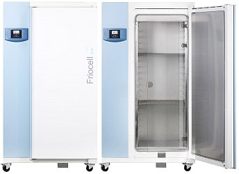 FRIOCELL 404 ECO. Vnitřní dvouplášťová komora a vnitřní panel dveří z nerez oceli (AISI 304), zvýšený spád dna komory pro snažší odtok kondenzátu, vnitřní skleněné dveře, systém otevírání vnějších dveří pomocí svislého madla.