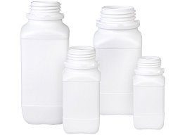 čtyřhranné láhve z bílého HDPE