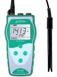 Přenosné konduktometry Apera EC 850 s bateriovým provozem jsou vhodné zejména pro měření v terénu. Zobrazují aktuální naměřené hodnoty vodivosti, TDS a teploty na velkém LCD displeji.