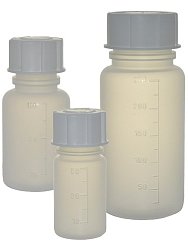 Polypropylenové láhve s širokým hrdlem a lisovanou stupnicí nabízíme v objemu 50, 100, 250, 500, 1000 a 2000 ml.