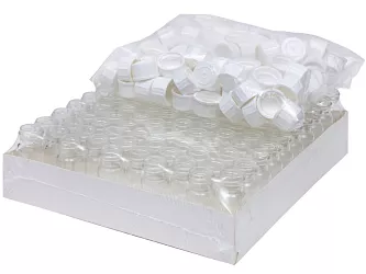 Skladovací šroubovací vialky z čirého skla v objemu 5, 10, 15, 20, 30 nebo 50 ml se dodávají včetně víček v balení po 100 ks.