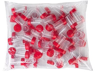 Sterilní polypropylenové nádobky s červeným uzávěrem jsou vhodné na odběr vzorků. Jsou dostupné ve třech velikostech (objem 60, 125 nebo 180 ml).
