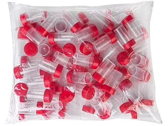 Sterilní polypropylenové nádobky s červeným uzávěrem jsou vhodné na odběr vzorků. Jsou dostupné ve třech velikostech (objem 60, 125 nebo 180 ml).