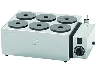 Nerezová 6místná vodní lázeň Lauda H 11 V s teplotním rozsahem 25 až 100 °C je vhodná pro použití v digestořích.