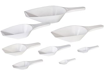 Plastové odměrné lopatky nabízíme v objemu 2, 5, 10, 25, 50, 100, 250, 500 nebo 1000 ml. Jsou vhodné i pro styk s potravinami dle nařízení (EU) č. 10/2011.