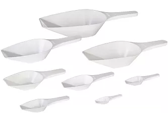 Plastové odměrné lopatky nabízíme v objemu 2, 5, 10, 25, 50, 100, 250, 500 nebo 1000 ml. Jsou vhodné i pro styk s potravinami dle nařízení (EU) č. 10/2011.