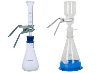Skleněné filtrační sestavy Rocker pro vakuovou filtraci obsahují nálevku o objemu 15 nebo 300 ml, nástavec s podložkou pro membránový filtr a nádobu na filtrát.