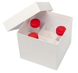 Papírové kryoboxy pro centrifugační zkumavky Falcon. Počet míst: 6 x 6 pro 15ml zkumavky nebo 4 x 4 pro 50ml zkumavky. Boxy se dodávají včetně mřížky a víka.