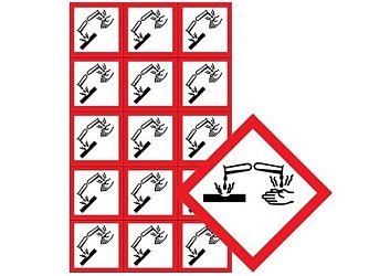 Samolepicí štítky s piktogramy GHS01, GHS02, GHS03, GHS04, GHS05, GHS06, GHS07, GHS08 a GHS09. Rozměry štítků 25 x 25 mm (15 ks na archu) nebo 50 x 50 mm (9 ks na archu).