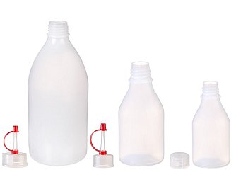 Plastové kapací láhve se závitem GL nabízíme v objemu 20, 30, 50, 100, 250, 500, 1000 a 2000 ml.