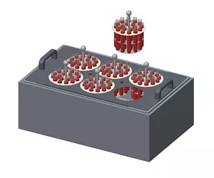 Do víka s vyjímatelnými koncentrickými kroužky lze vložit kulaté stojany na zkumavky. Stojany mají nastavitelnou výšku v rozmezí 70 až 120 mm a lze je tak použít do lázní s hloubkou ponoru 100 nebo 150 mm.
