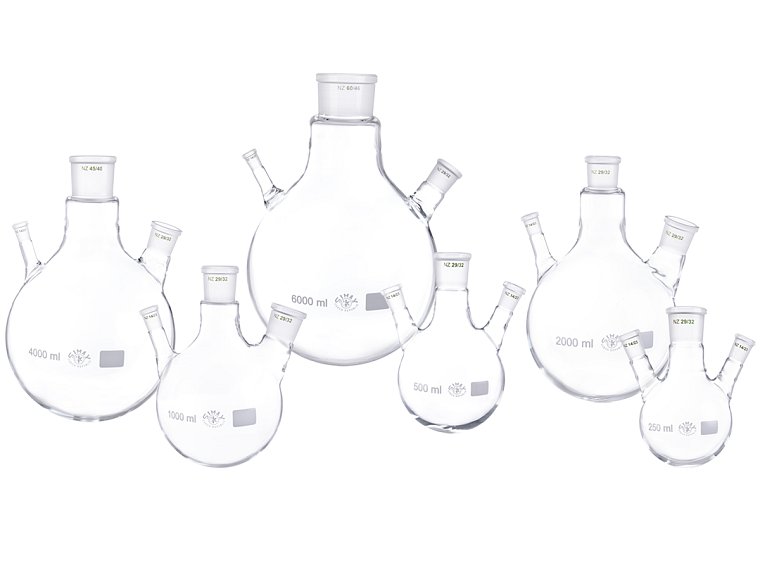 Baňka destilační s kulatým dnem a dvěma šikmými postranními tubusy