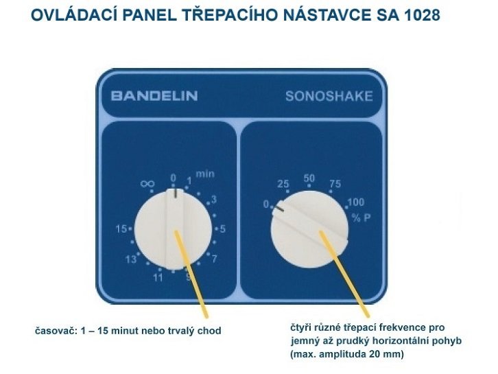 Ovládací panel třepacího nástavce. Analogové nastavení otáček a času.