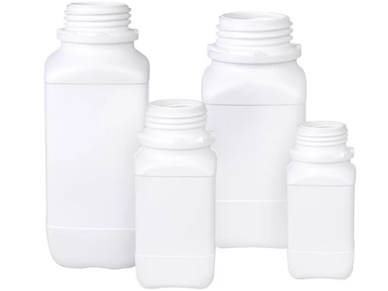 čtyřhranné láhve z bílého HDPE