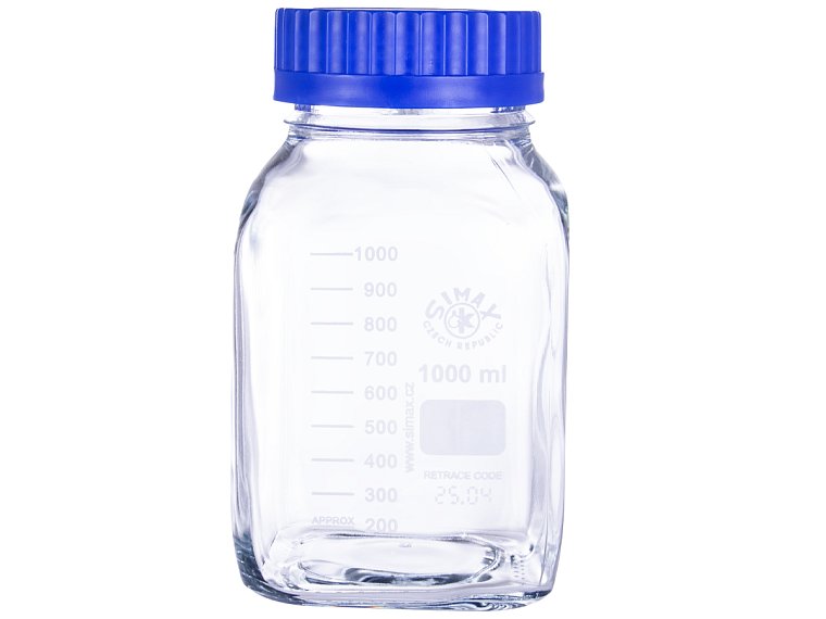 Láhev reagenční s modrým uzávěrem, hranatá, SIMAX