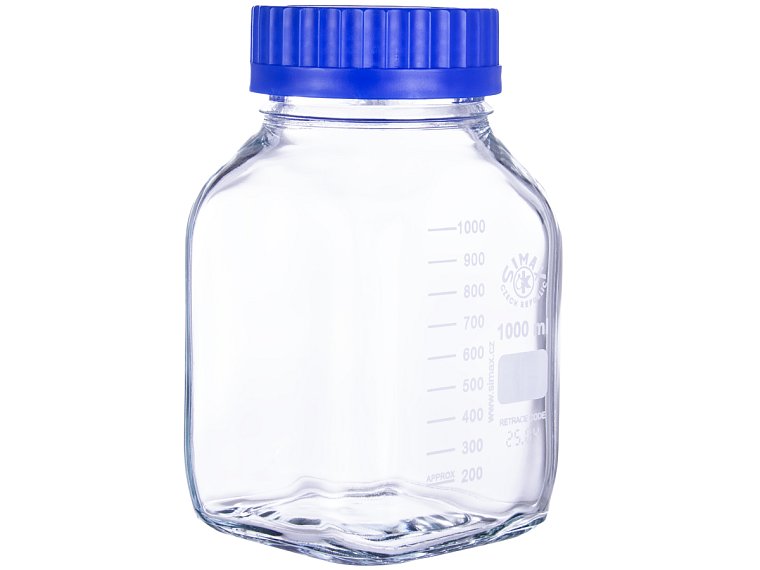 Láhev reagenční s modrým uzávěrem, hranatá, SIMAX