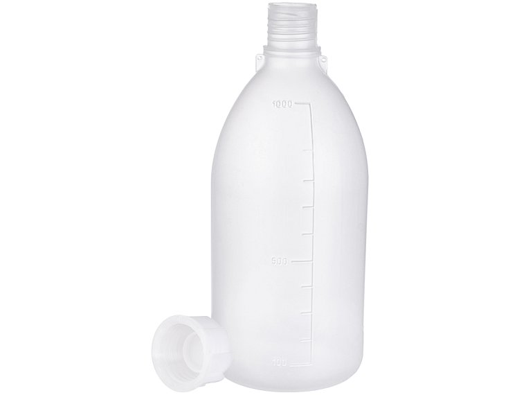 Láhev úzkohrdlá s graduací a se šroubovým uzávěrem se závitem GL, PP