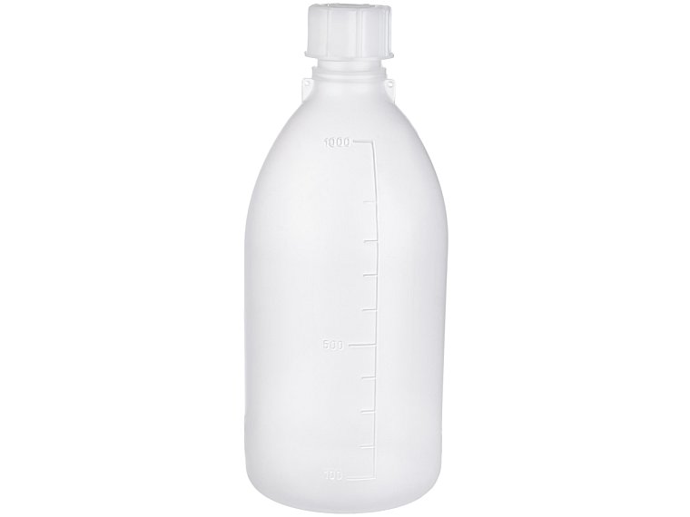 Láhev úzkohrdlá s graduací a se šroubovým uzávěrem se závitem GL, PP