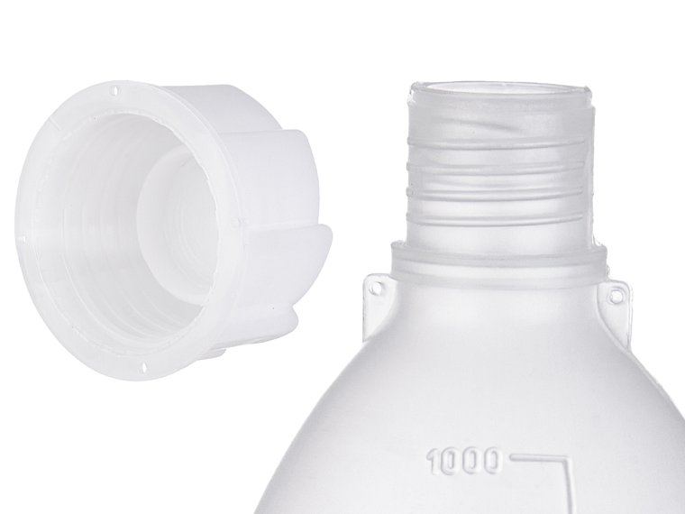 Láhev úzkohrdlá s graduací a se šroubovým uzávěrem se závitem GL, PP