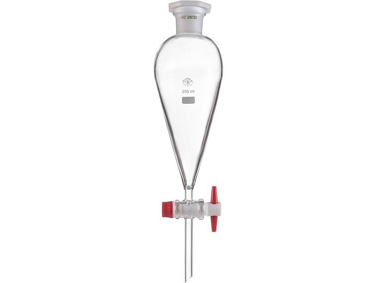 Nálevka dělicí hruškovitá dle Squibba s PE zátkou a PTFE kohoutem, SIMAX