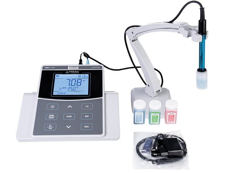 pH/mV metr pH 800 včetně kombinované pH elektrody 201T-F, stojanu na elektrodu, sady pufrů, softwaru PC-Link, USB kabelu a napájecího adaptéru