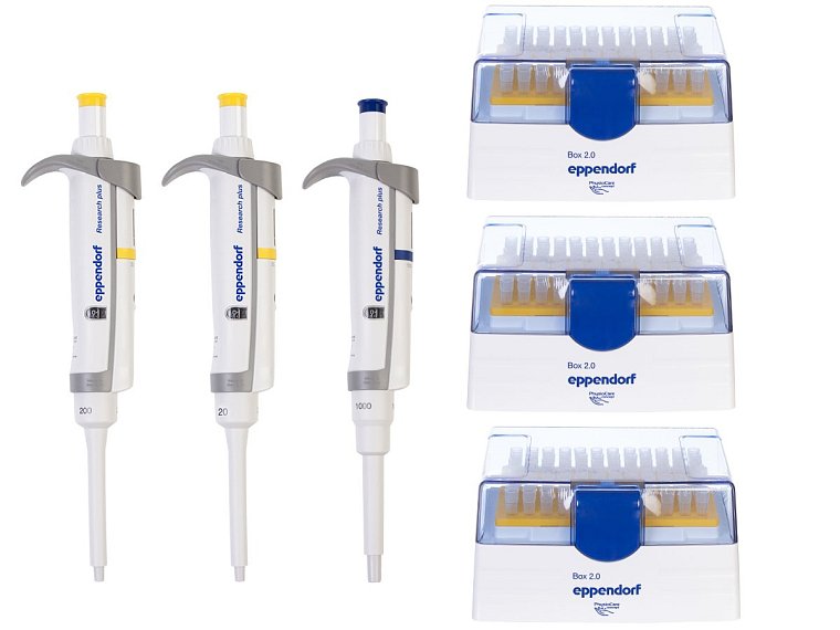 cenově zvýhodněný balíček 3 ks pipet s nastavitelným objemem (1x 2 – 20 µl, 1x 20 – 200 µl a 1x 100 – 1000 µl) a 3 balení odpovídajících špiček epTIPS Box