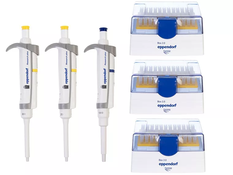 cenově zvýhodněný balíček 3 ks pipet s nastavitelným objemem (1x 2 – 20 µl, 1x 20 – 200 µl a 1x 100 – 1000 µl) a 3 balení odpovídajících špiček epTIPS Box