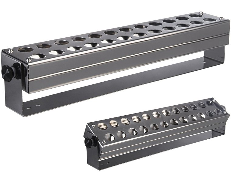 stojan 3953 na zkumavky o Ø 12 – 17 mm a délce 75 – 160 mm (max. 24 zkumavek); pro uchycení na perforovanou desku