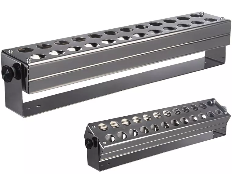 stojan 3953 na zkumavky o Ø 12 – 17 mm a délce 75 – 160 mm (max. 24 zkumavek); pro uchycení na perforovanou desku