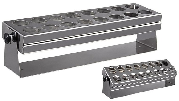 stojan 3954 na zkumavky o Ø 25 – 29 mm a délce 75 – 160 mm (max. 16 zkumavek); pro uchycení na perforovanou desku
