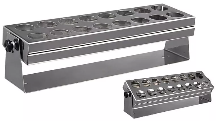 stojan 3954 na zkumavky o Ø 25 – 29 mm a délce 75 – 160 mm (max. 16 zkumavek); pro uchycení na perforovanou desku