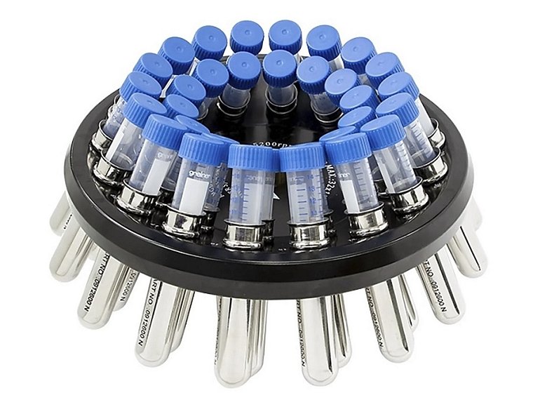 Úhlový rotor A 32-15 N včetně závěsů B 15F pro zkumavky typu Falcon s kónickým dnem (závěsy se objednávají samostatně).