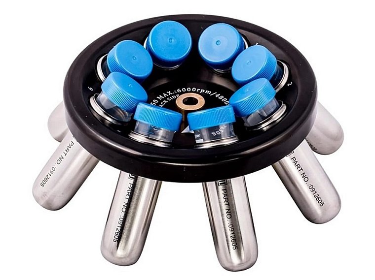 Úhlový rotor A 8-50 včetně závěsů B 50XF pro zkumavky typu Falcon s kónickým dnem (závěsy se objednávají samostatně).