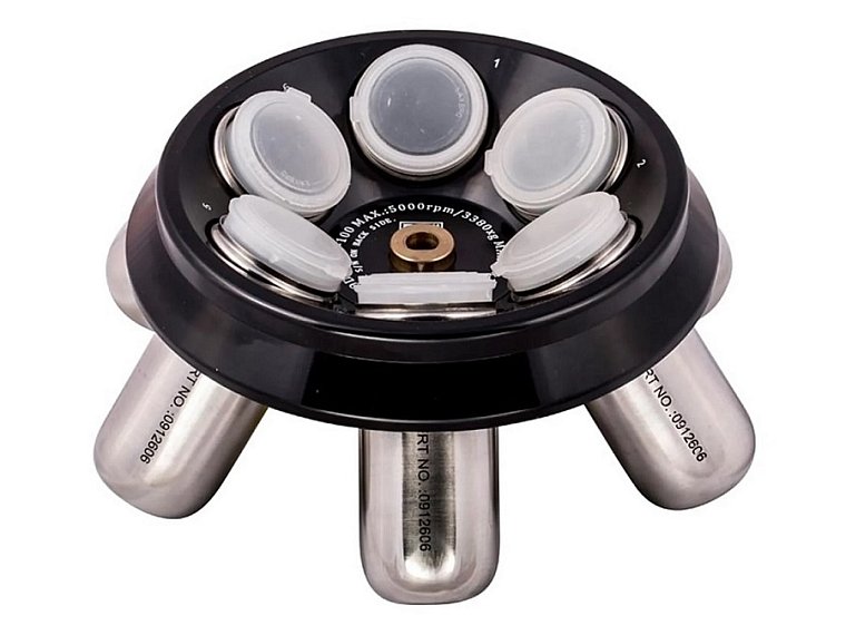 Úhlový rotor A 6-100 včetně závěsů B 100P pro plastové zkumavky/nádobky s kulatým dnem (závěsy se objednávají samostatně).