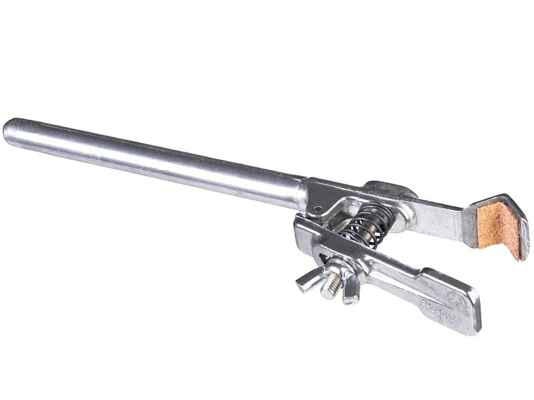 Univerzální držák bez svorky, typ I. Čelisti s korkovou výstelkou, maximální rozevření čelistí 30 mm, průměr upínacího ramene 11 mm. Celková délka 186 mm.