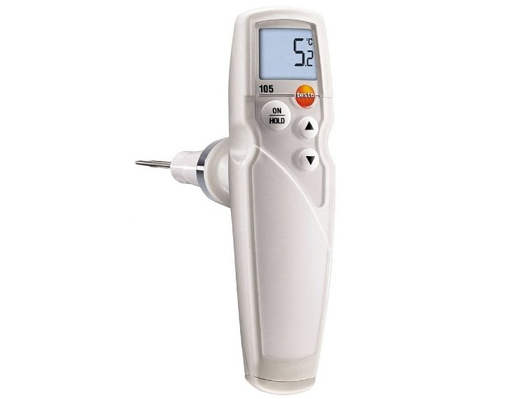 Teploměr Testo 105 se snadno vyměnitelnou sondou. V nabídce jsou 3 typy sond - standardní pro polotuhé vzorky, závrtná pro zmrazené vzorky a dlouhá pro kapalné vzorky.