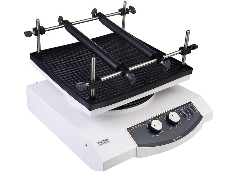 Třepačka Polymax s volitelným univerzálním nástavcem s upínacími válci pro uchycení baněk nebo láhví (nástavec se objednává samostatně)