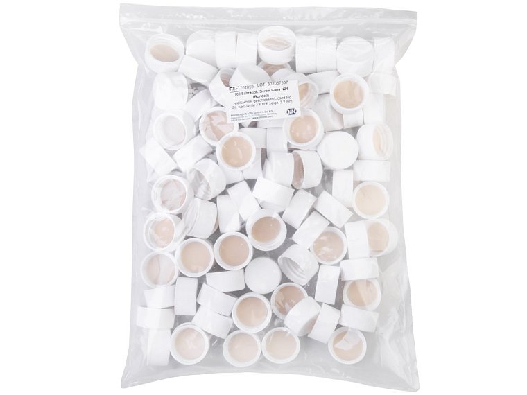 Plná plastová šroubovací víčka ND24 s pevně vloženými septy bílý silikon/béžový PTFE. Balení 100 ks.