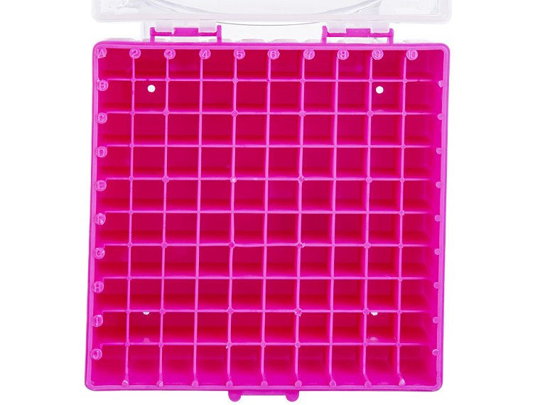 skladovací box s víkem pro 100 ks kryozkumavek o objemu 2,0 ml, alfanumerická síť pro snadnou identifikaci vzorků, PP